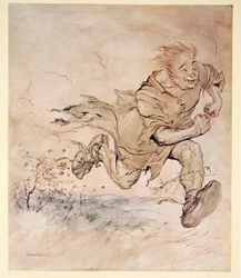 Le martèlement de ses grosses bottes devenait aussi continu que le crépitement des grêlons sur le toit, et le vent de son passage abattait des arbres, illustration de 